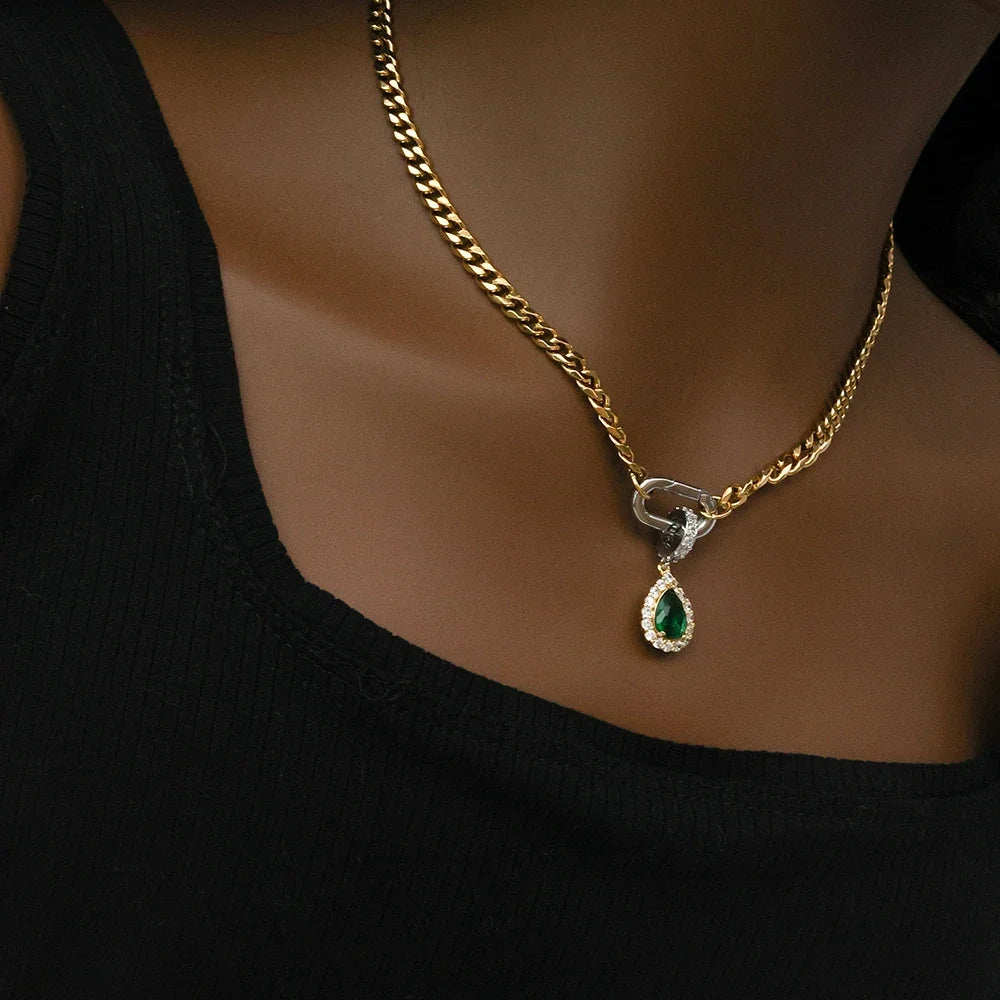 ORLA - 18K Gold-Plated Stainless Steel Curb Chain Necklace with Green Zircon Charm