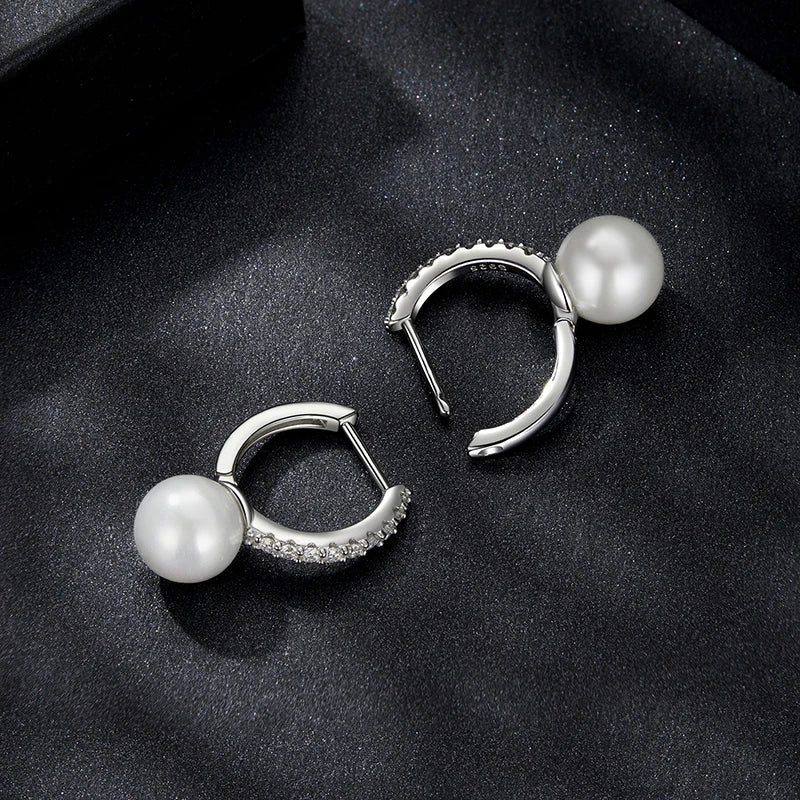 ELARA - Sterling Silver Pearl and Moissanite Hoop Earrings