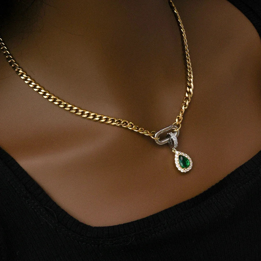 ORLA - 18K Gold-Plated Stainless Steel Curb Chain Necklace with Green Zircon Charm