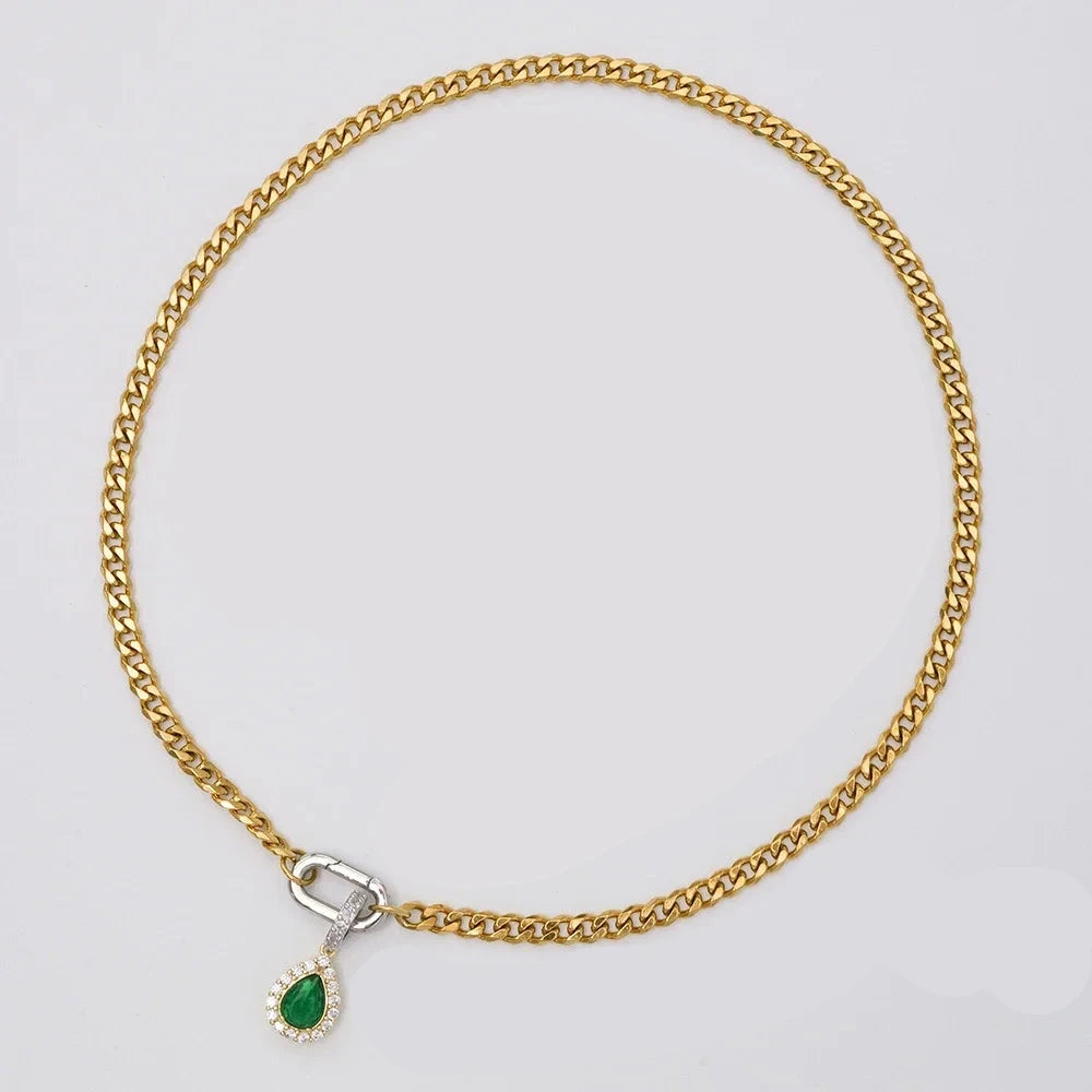 ORLA - 18K Gold-Plated Stainless Steel Curb Chain Necklace with Green Zircon Charm