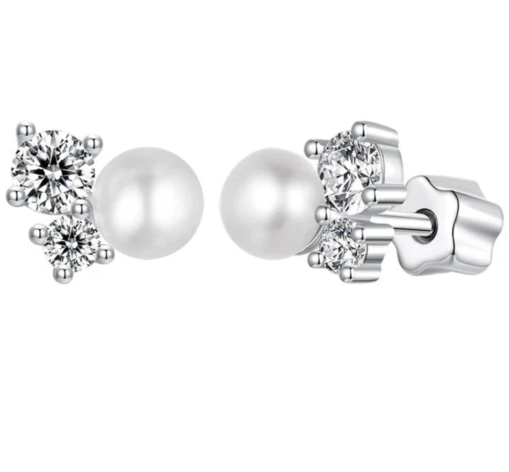 LUNA - Sterling Silver Pearl and Moissanite Stud Earrings