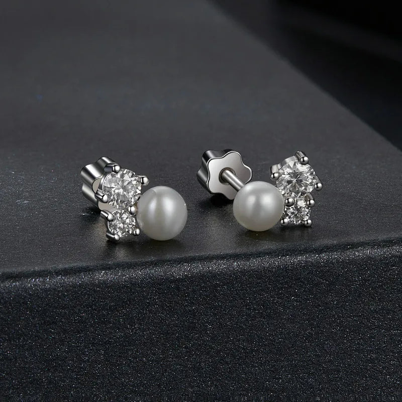 LUNA - Sterling Silver Pearl and Moissanite Stud Earrings