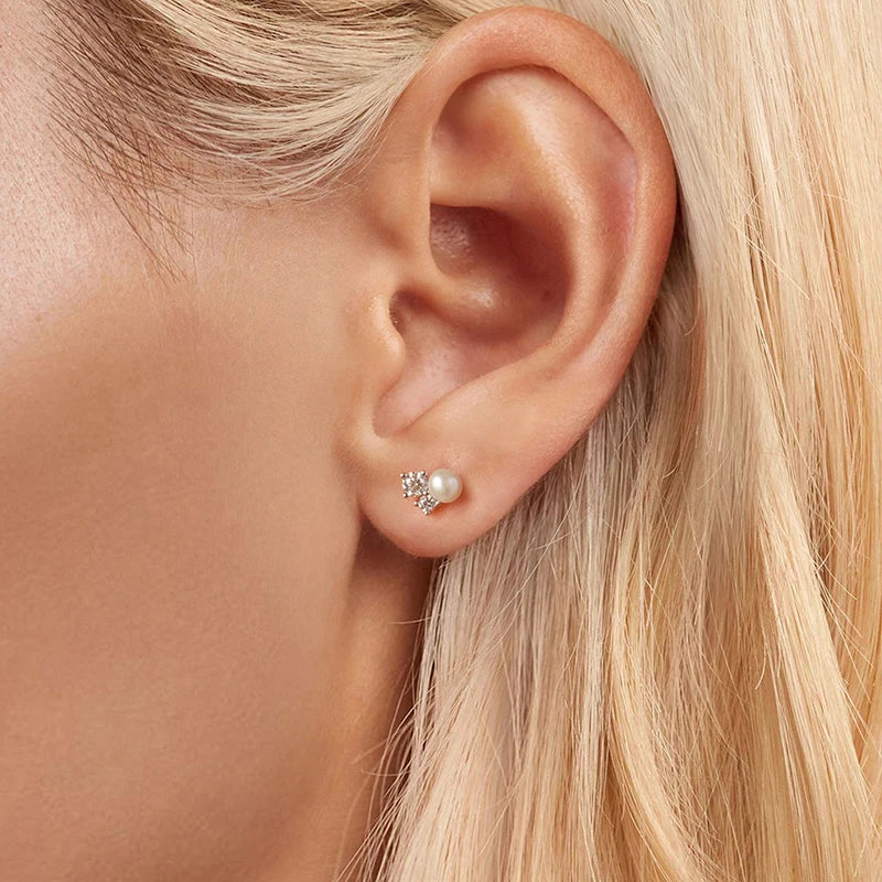 LUNA - Sterling Silver Pearl and Moissanite Stud Earrings