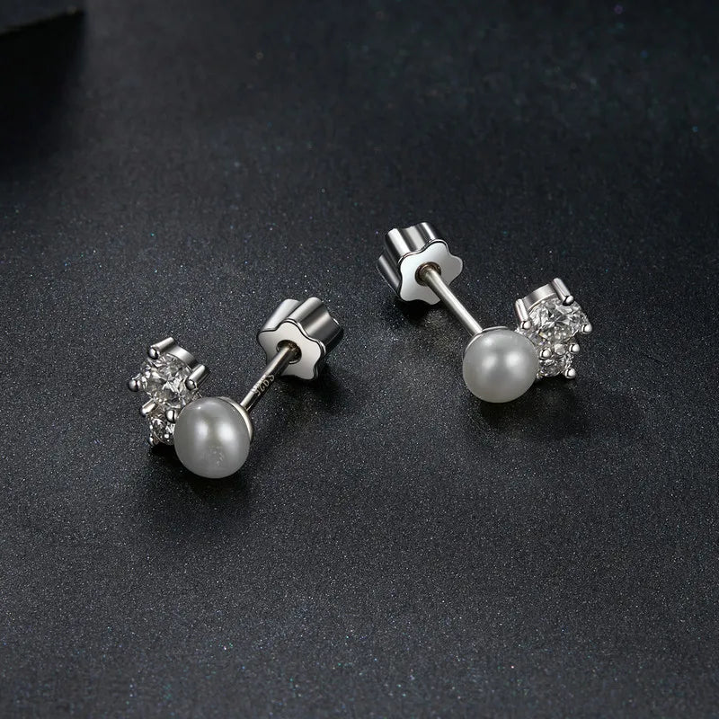 LUNA - Sterling Silver Pearl and Moissanite Stud Earrings