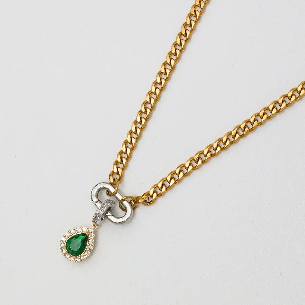 ORLA - 18K Gold-Plated Stainless Steel Curb Chain Necklace with Green Zircon Charm