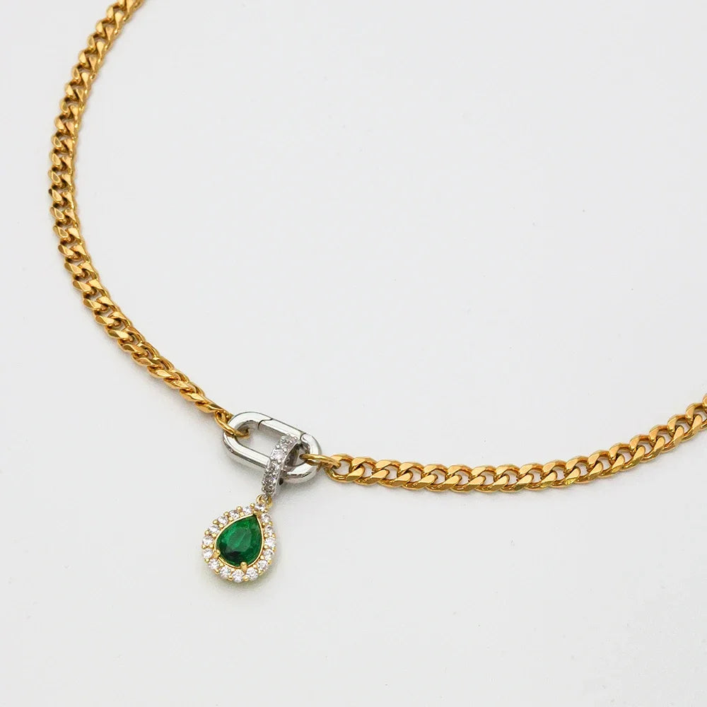 ORLA - 18K Gold-Plated Stainless Steel Curb Chain Necklace with Green Zircon Charm