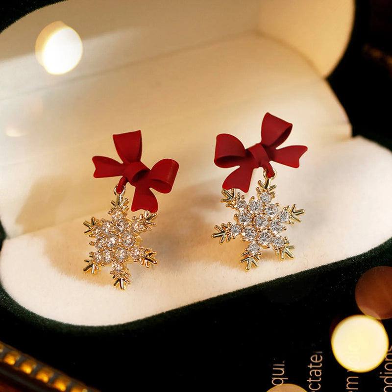 SNOWFLAKE - Festive Bow and Crystal Snowflake Drop Earrings