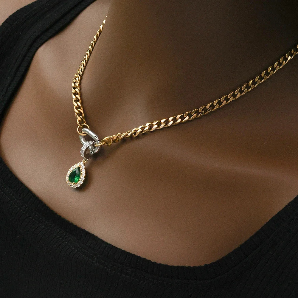 ORLA - 18K Gold-Plated Stainless Steel Curb Chain Necklace with Green Zircon Charm