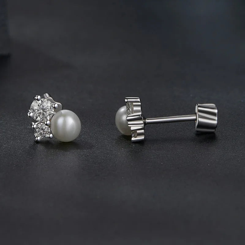 LUNA - Sterling Silver Pearl and Moissanite Stud Earrings