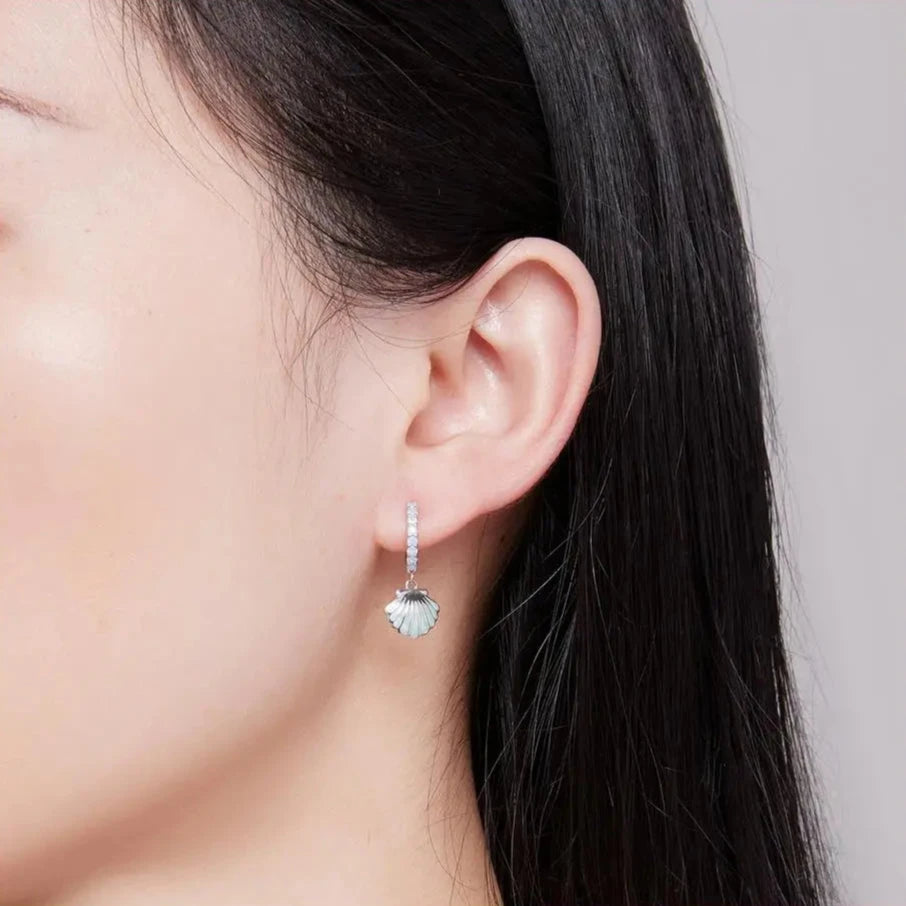 MARINA - Sterling Silver Sea Shell Drop Hoop Earrings