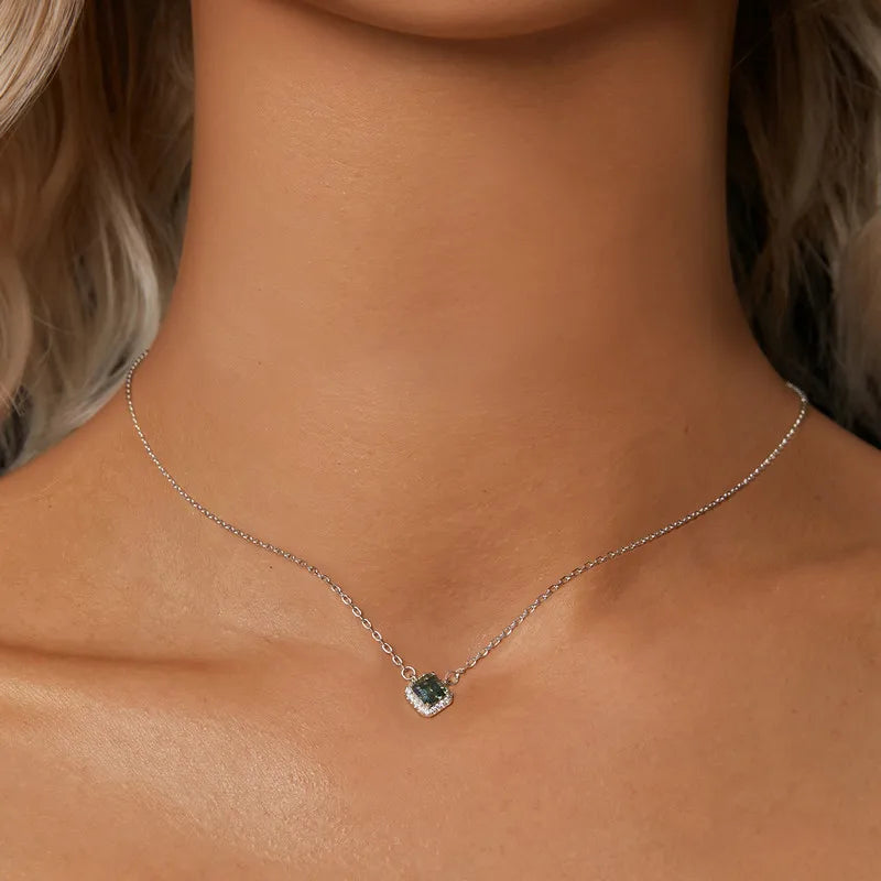 EMERIE - 925 Sterling Silver Halo Green Gem Pendant Necklace