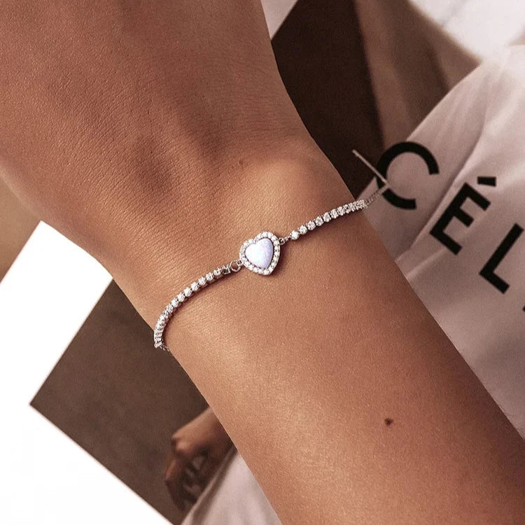 CELESTA - Opal Heart 925 Sterling Silver Tennis Bracelet