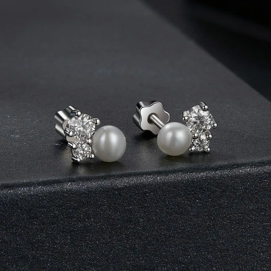LUNA - Sterling Silver Pearl and Moissanite Stud Earrings