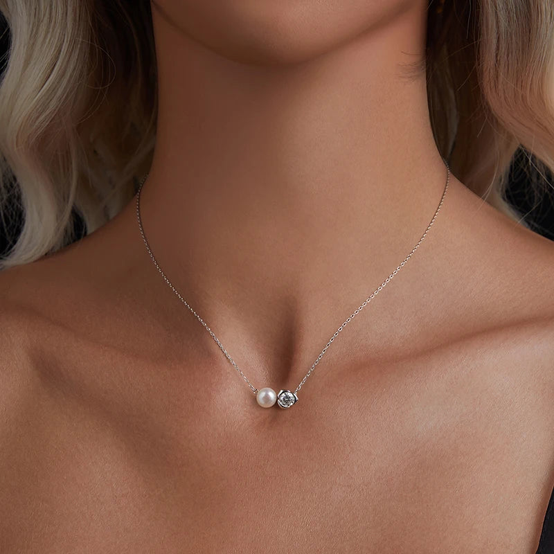 SERENA - 0.5ct Moissanite & Pearl Sterling Silver Necklace