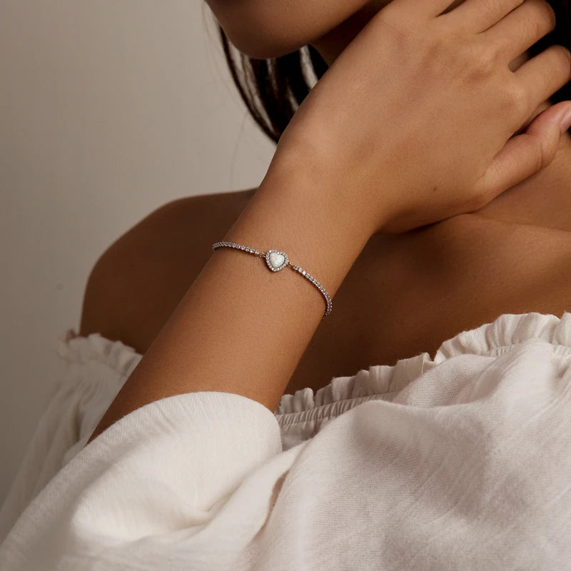 CELESTA - Opal Heart 925 Sterling Silver Tennis Bracelet
